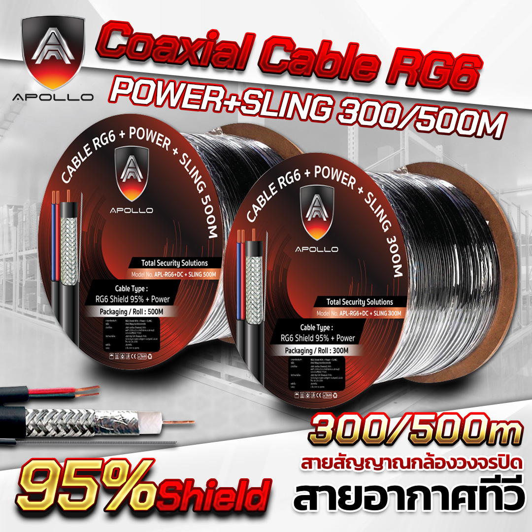APOLLO สาย RG6+Power+Sling Shield 95% สายถัก 168 สำหรับภายนอก