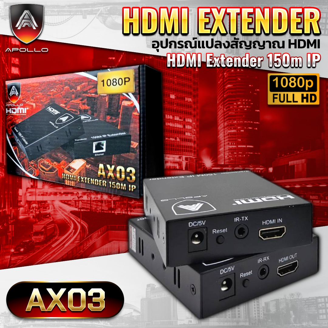 APOLLO HDMI Extender Full HD รุ่น AX03 ระยะส่ง 150M ต่อผ่าน Swicth ได้ ตัวแปลสาย HDMI เป็น สาย LAN