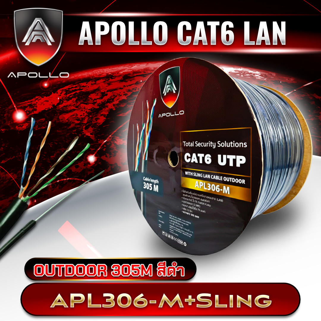 APOLLO สายแลนสำหรับภายนอก LAN Cable CAT6 UTP รุ่น APL306-M lan+power ความยาว 305ม.