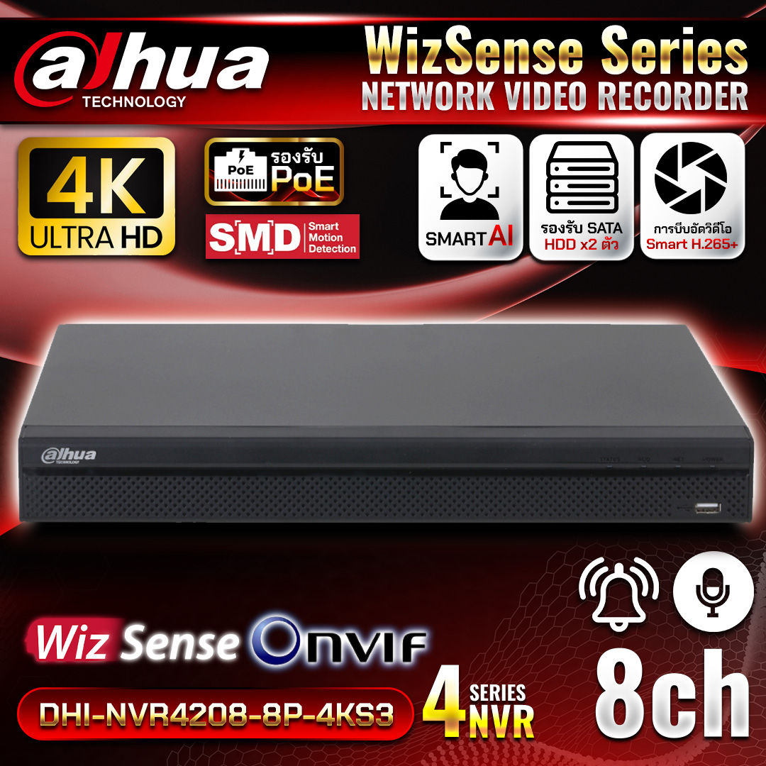 DAHUA เครื่องบันทึก NVR 8Ch. POE รุ่น DHI-NVR4208-8P-4KS3 รองรับกล้อง12MP มี AI