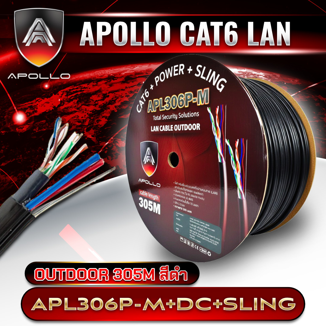 APOLLO สายแลนสำหรับภายนอก LAN Cable CAT6 UTP รุ่น APL306P-M lan+power+sling