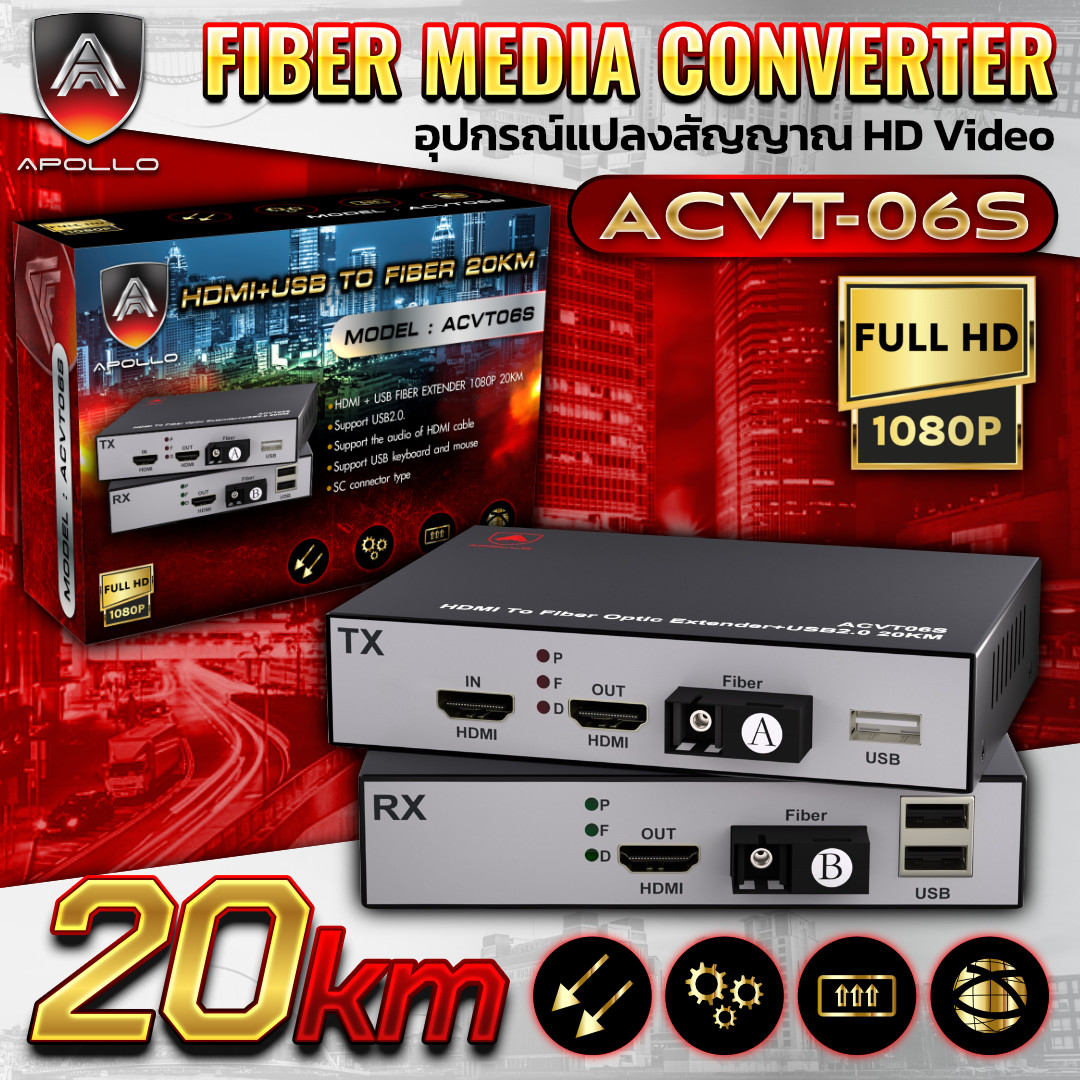 APOLLO HDMI To Fiber optic extender + USB รุ่น ACVT-06(S) ตัวแปลสาย HDMI เป็น Fiber optic 1080P 20km.