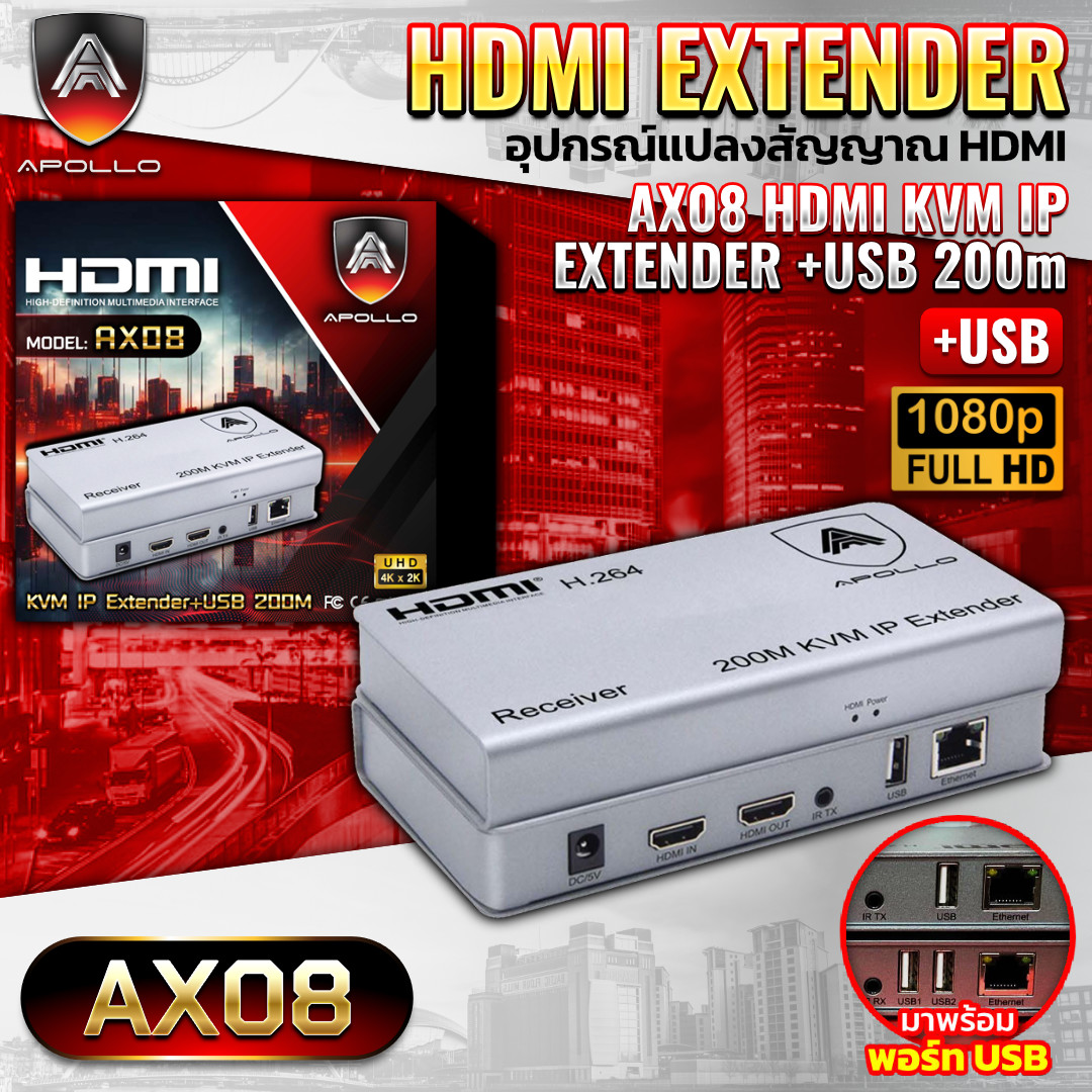 APOLLO HDMI Extender 1080P+USB รุ่น AX08 ระยะส่ง 200M ต่อผ่าน Swicth ได้ ตัวแปลสาย HDMI เป็น สาย LAN