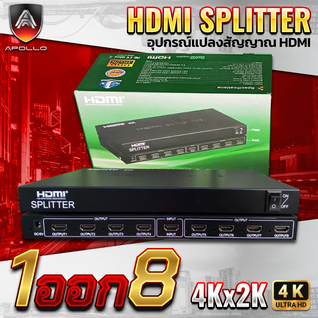 APOLLO HDMI Splitter เข้า 1 ออก 8 รองรับ 4K