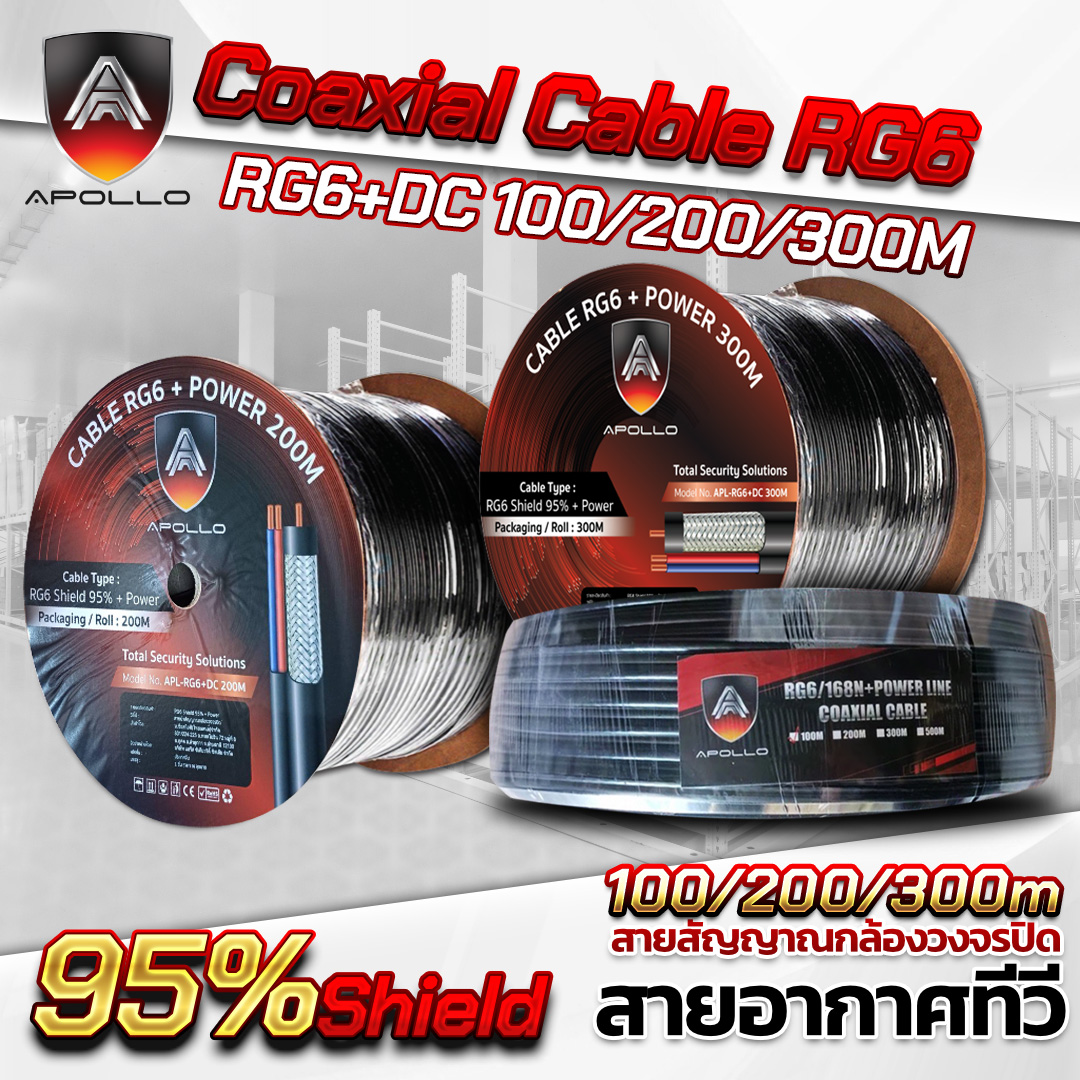 APOLLO สาย RG6+Power Shield 95% สายถัก 168 สำหรับภายนอก ความยาว 100 / 200 / 300ม.