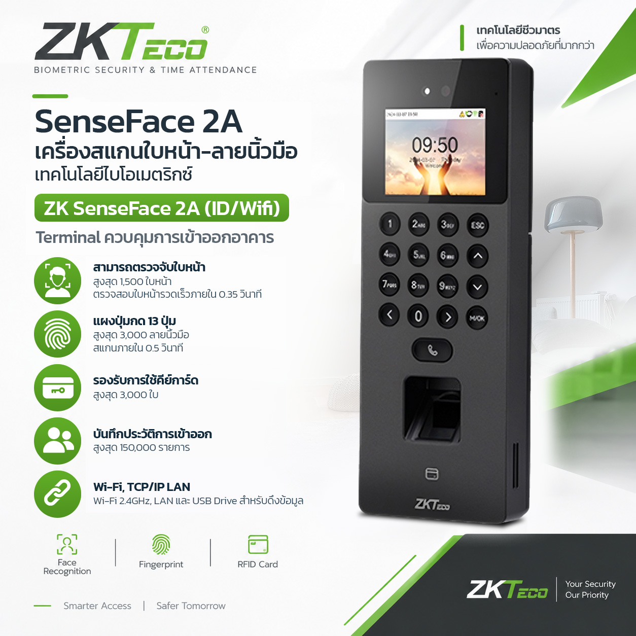 เครื่องสแกนใบหน้า ลายนิ้วมือ ZK SenseFace 2A (ID/Wifi)