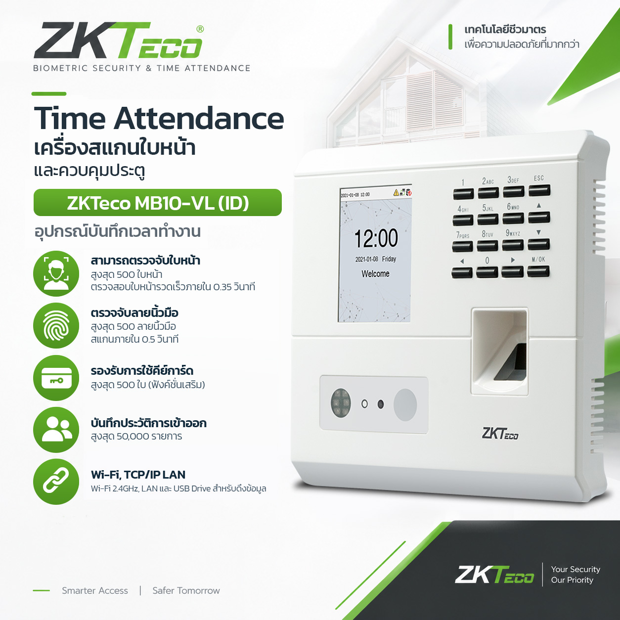 เครื่องสแกนใบหน้าและลายนิ้วมือ ZKTeco MB10-VL (ID)