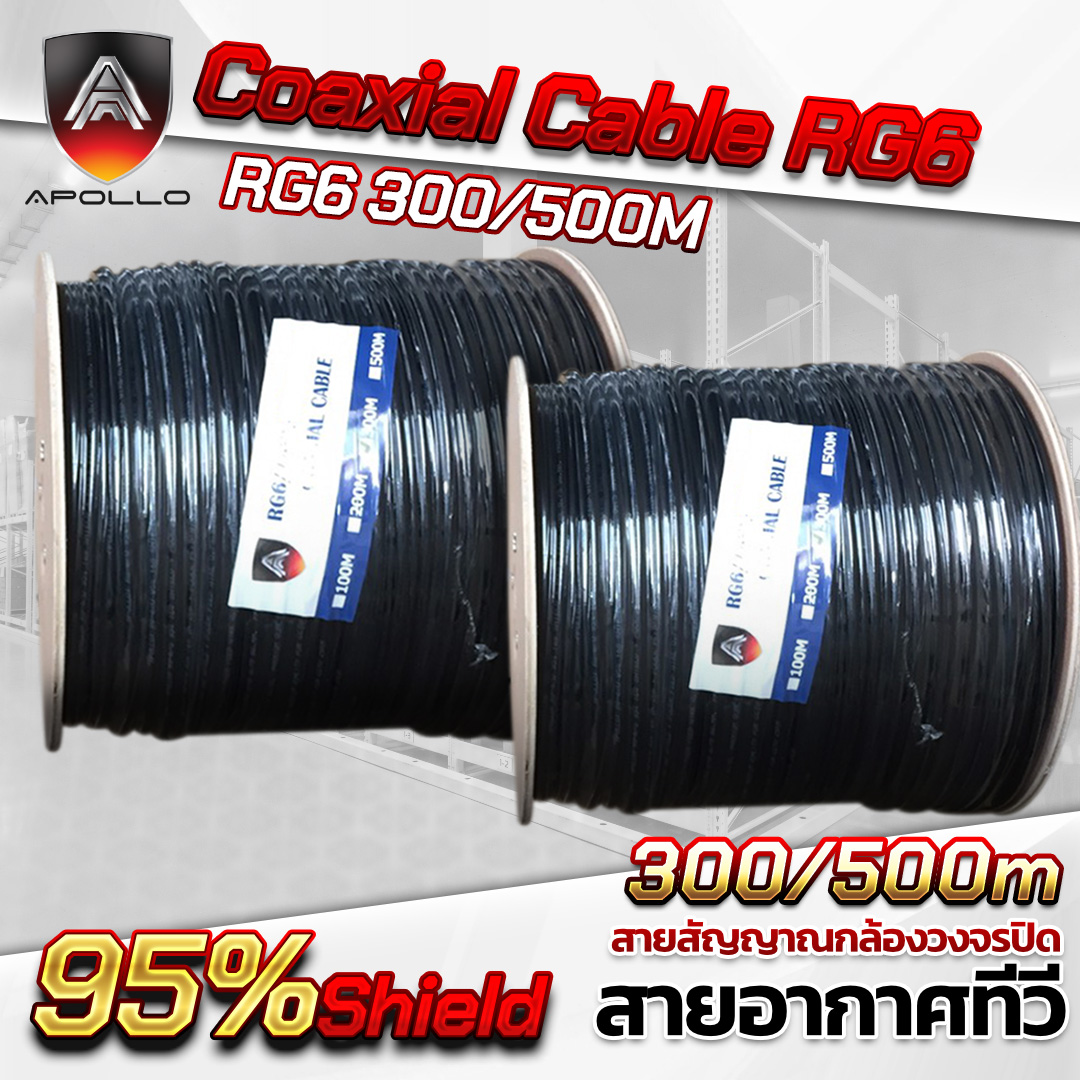 APOLLO สาย RG6 Shield 95% สายถัก 168 สำหรับภายนอก ความยาว 300 / 500m.