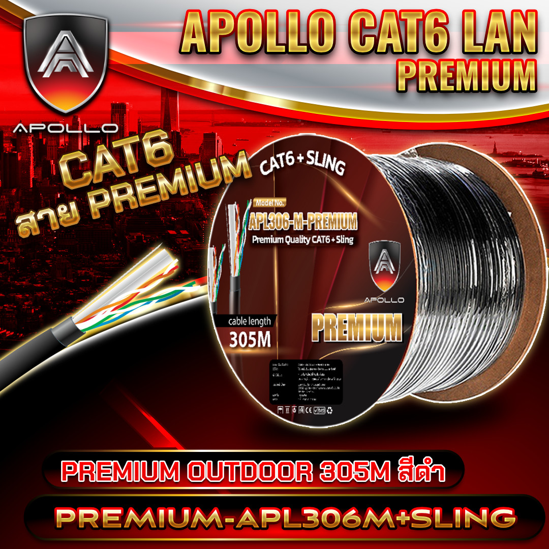 APOLLO สายแลนสำหรับภายนอก LAN Cable CAT6 UTP รุ่น APL306-M PREMIUM lan+power ความยาว 305ม.
