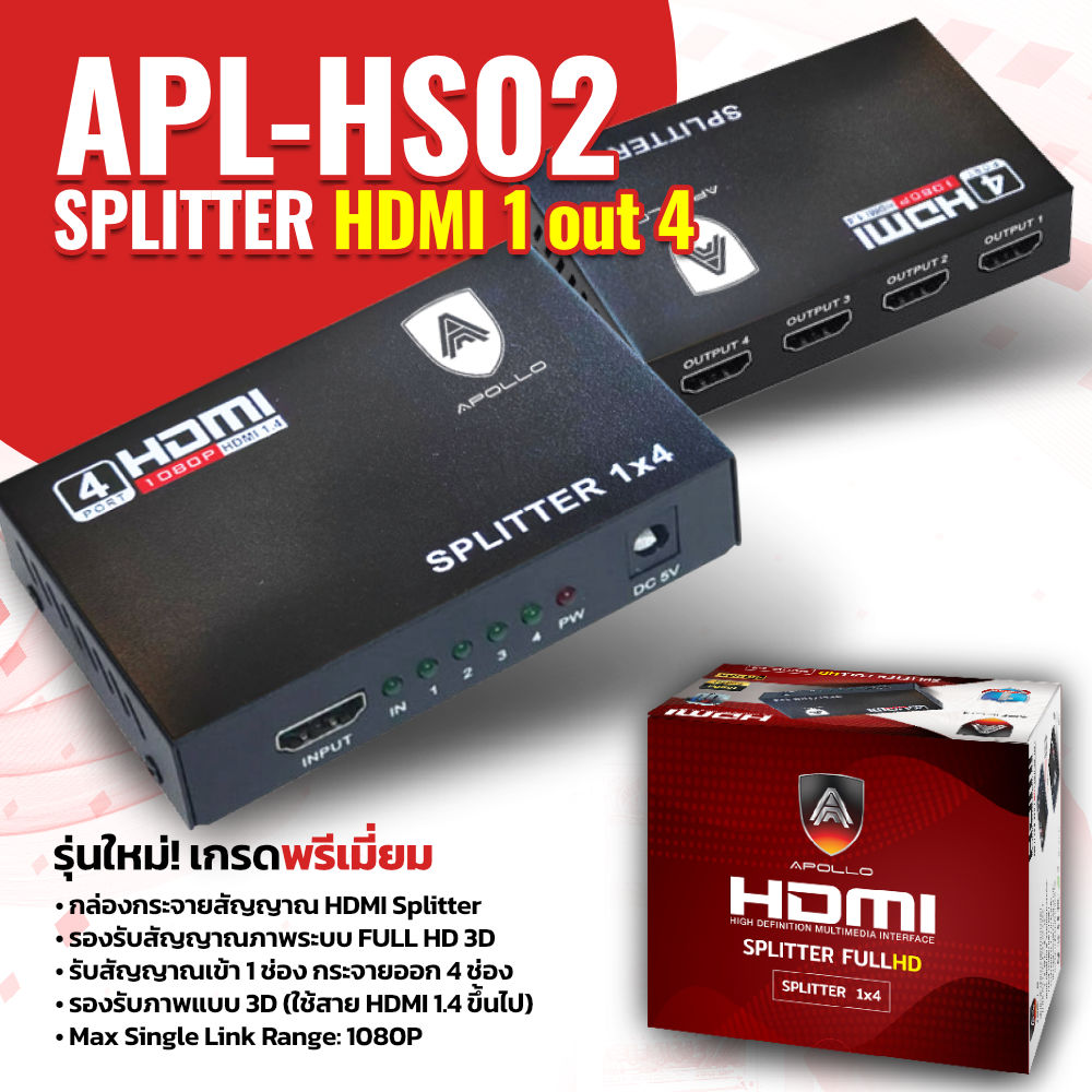 APOLLO HDMI Splitter เข้า 1 ออก 4 รองรับ 1080P