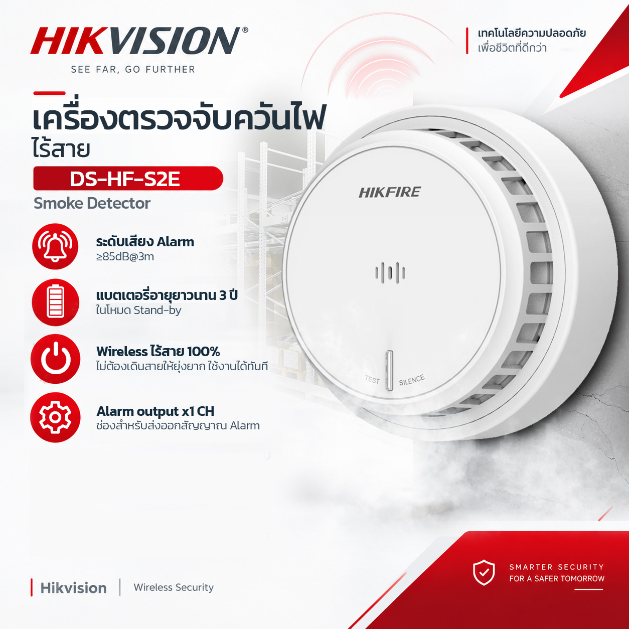 HIKVISION เครื่องตรวจจับควันไฟ แบบเดียว รุ่น HF-S2E