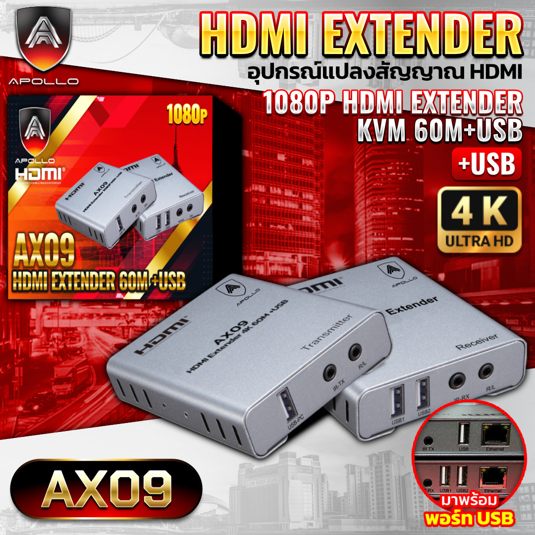 APOLLO HDMI Extender 1080P+USB รุ่น AX09 ระยะส่ง 60M ตัวแปลสาย HDMI เป็น สาย LAN