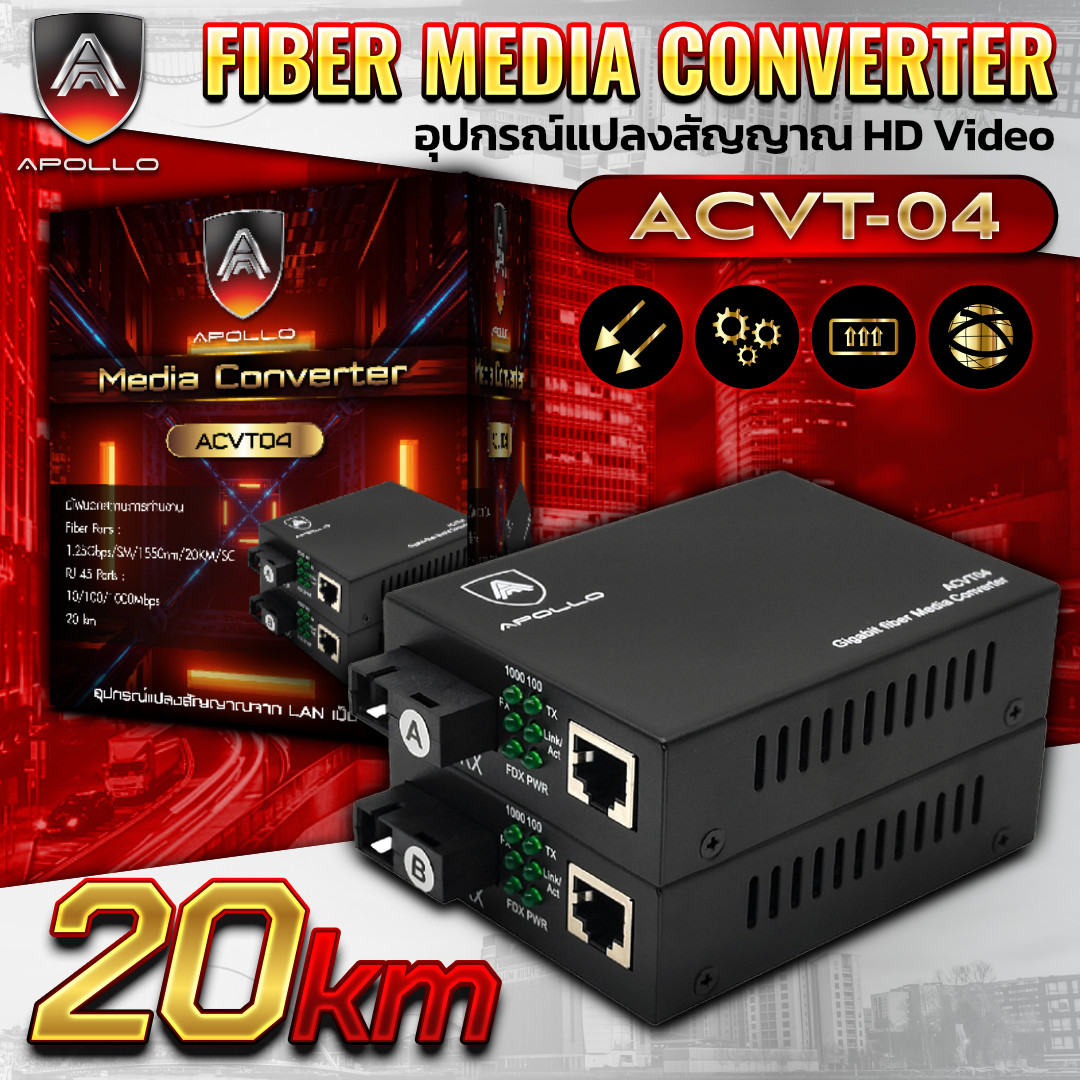 APOLLO Media converter รุ่น ACVT-04 ตัวแปลสาย LAN เป็น Fiber optic 10/100/1000Mbps. 20km.