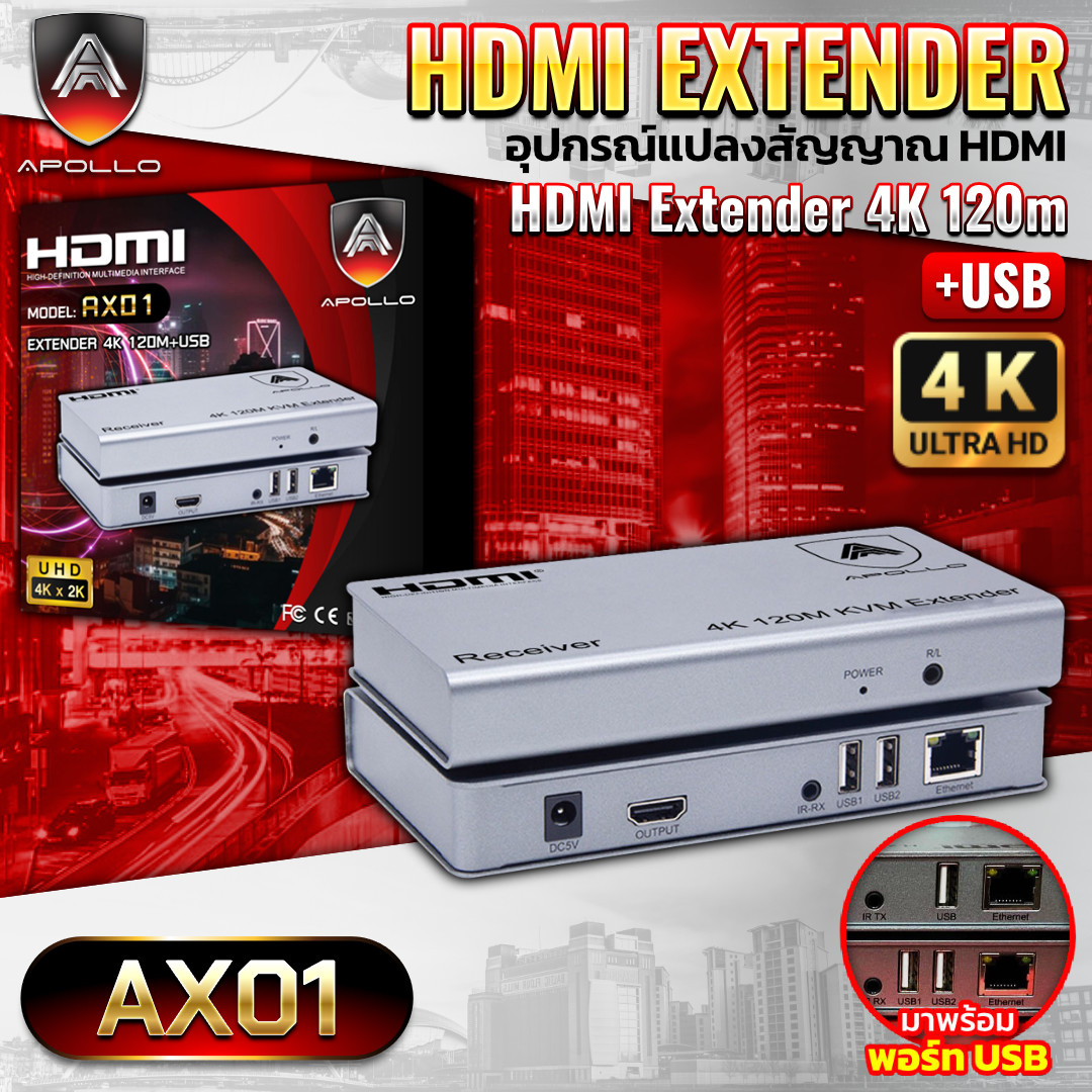 APOLLO HDMI Extender 4K รุ่น AX01  ระยะส่ง 120M +USB ตัวแปลสาย HDMI เป็น สาย LAN